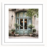Abstract art print of a French door design in muted gray tones on a framed white mat.