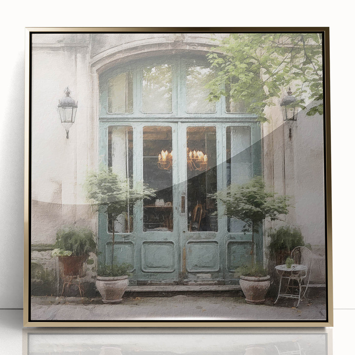 Mid-century modernist large art print featuring a detailed French door design in gold tones on framed acrylic.