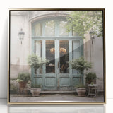 Mid-century modernist large art print featuring a detailed French door design in gold tones on framed acrylic.
