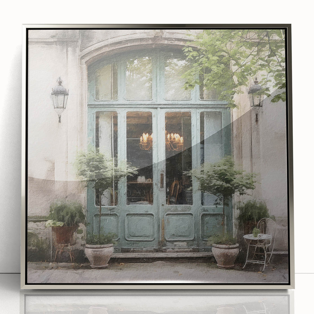 Mid-century modernist art featuring an architecture-inspired French door design in silver tones on a framed acrylic print.