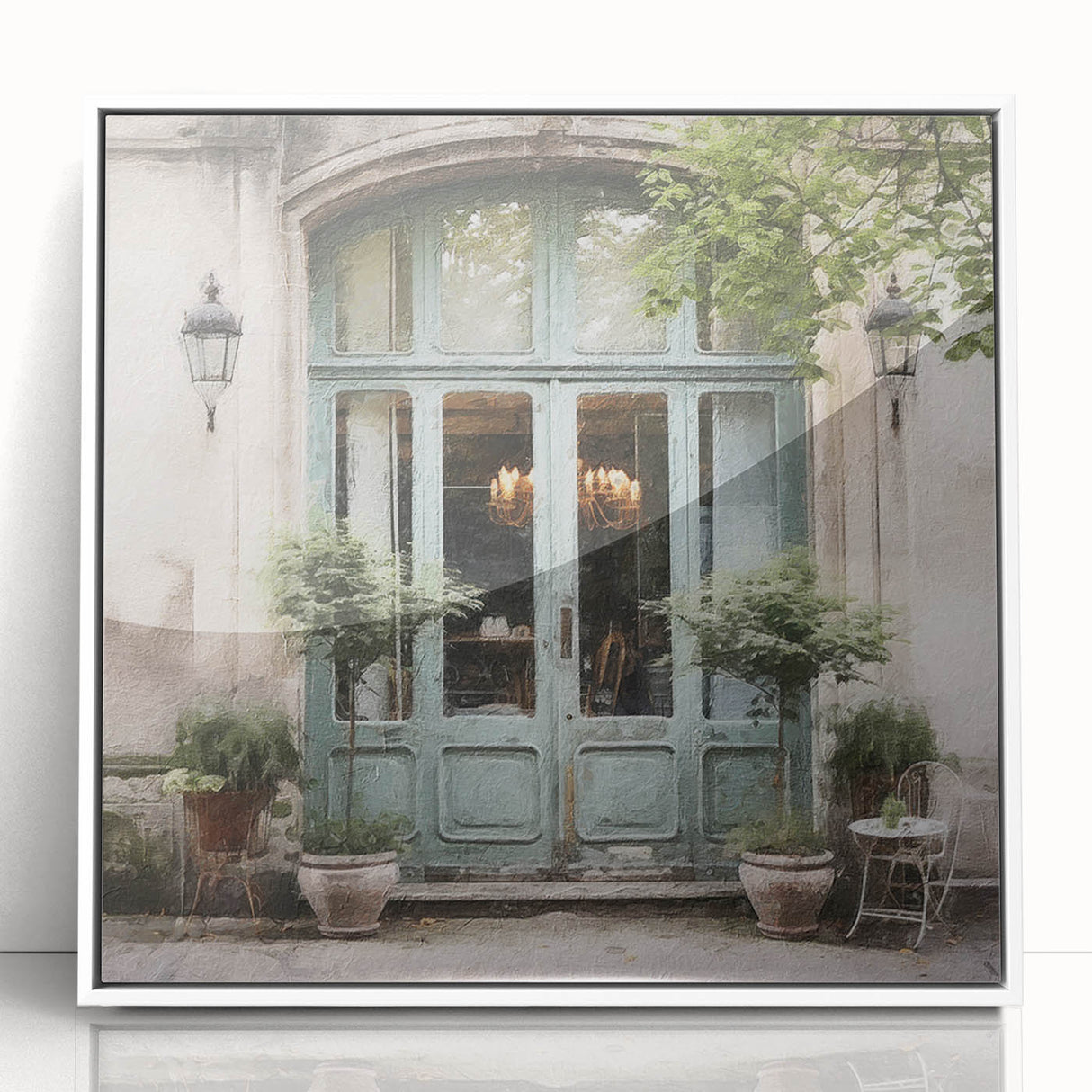 Art deco style door depicted in minimalist black lines on a white acrylic framed poster.