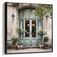 Black and white framed canvas of a vintage French door design, ideal for bedroom wall art.