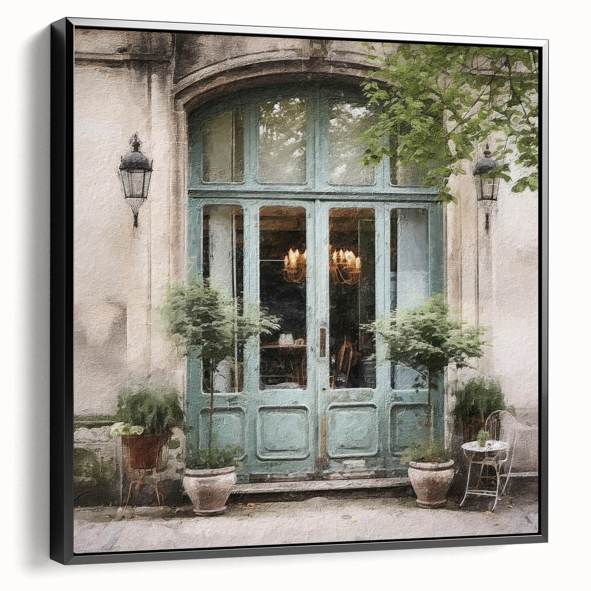 Black and white framed canvas of a vintage French door design, ideal for bedroom wall art.
