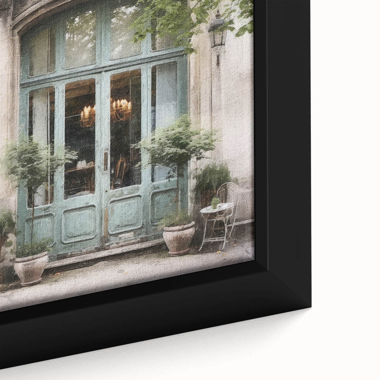 Extra large framed canvas featuring a close-up of a textured, black door with colorful detailing.