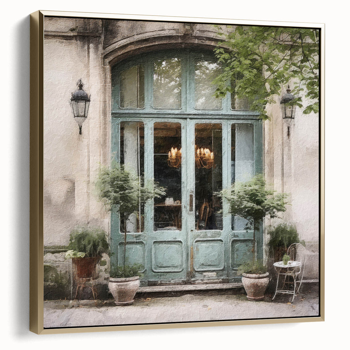 Framed canvas featuring a vintage poster of an ornate French door in black, ideal for bedroom wall decor.