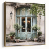 Framed canvas featuring a vintage poster of an ornate French door in black, ideal for bedroom wall decor.
