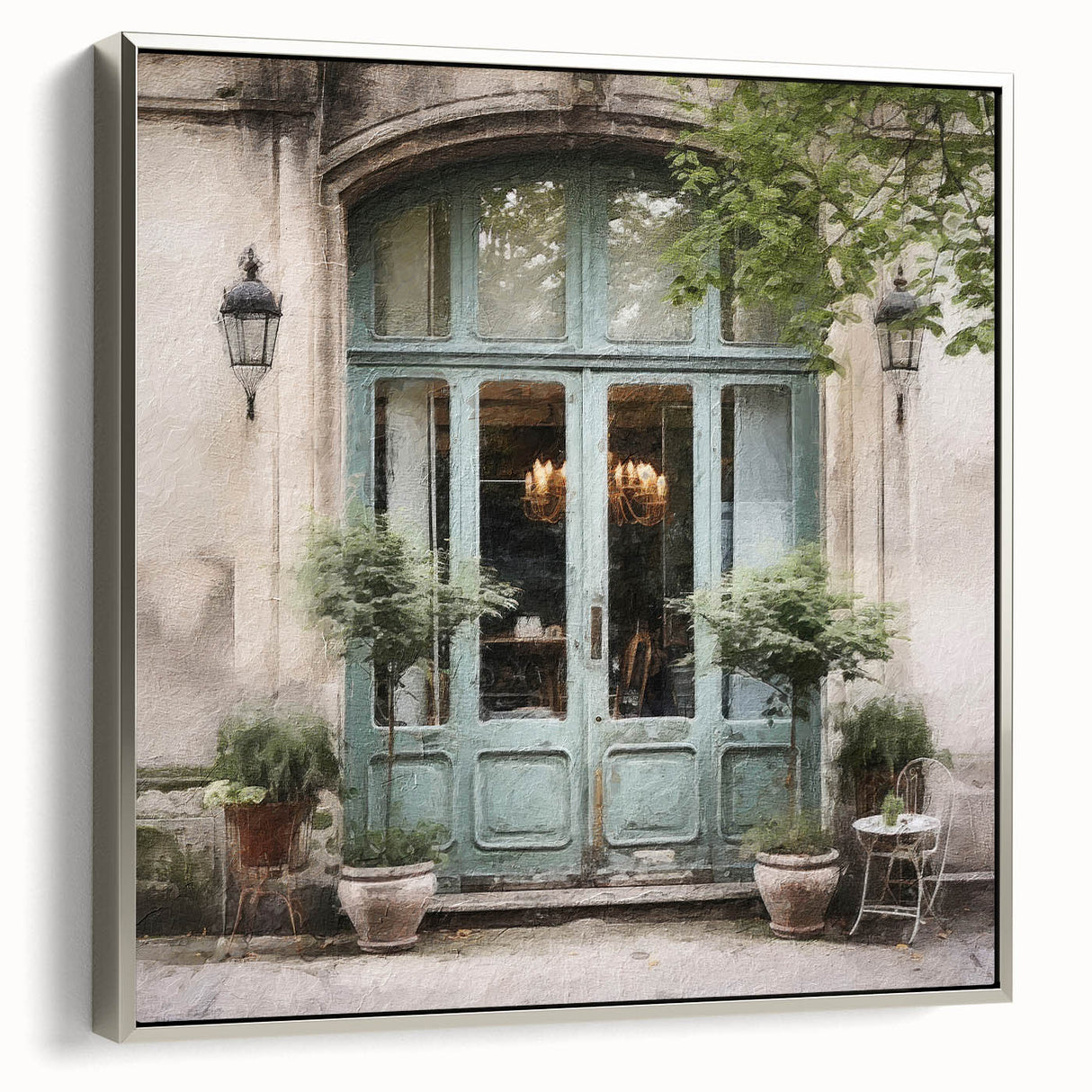 Landscape art painting of a French door architecture on framed canvas, featuring black and colorful vintage poster art.