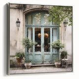Landscape art painting of a French door architecture on framed canvas, featuring black and colorful vintage poster art.