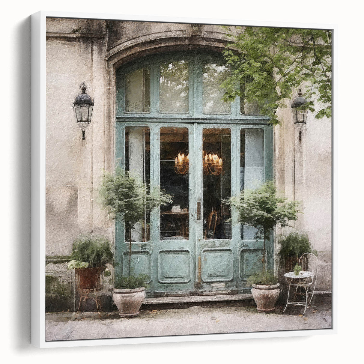 Vintage poster art of a French door, framed canvas in black and colorful tones, ideal for living room decor.