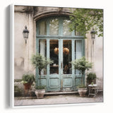 Vintage poster art of a French door, framed canvas in black and colorful tones, ideal for living room decor.