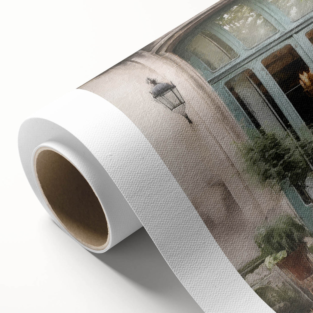 Art Deco-style poster of a French door architecture on rolled canvas, with pastel shades, ideal for nursery wall art.
