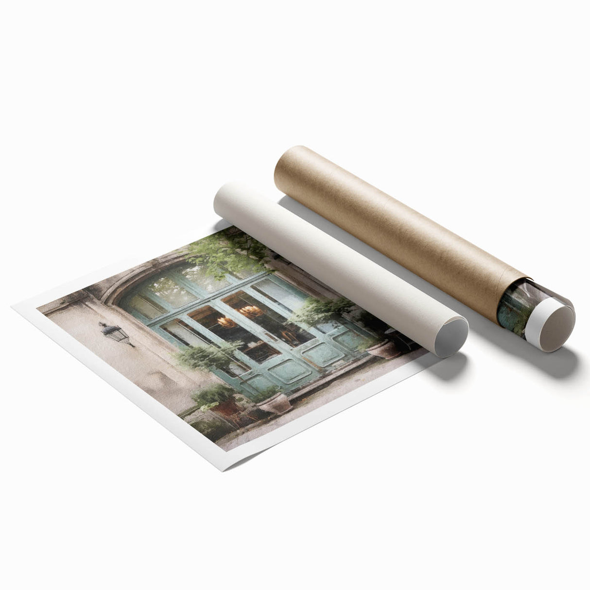 Extra large rolled print featuring a detailed French door design with floral accents, ideal for classy bathroom wall art.