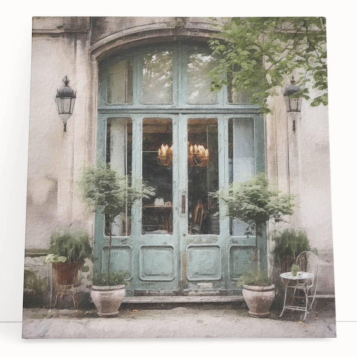 Black and white photo of a French door on stretched canvas, ideal for kitchen wall art.