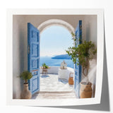 Close-up photo of a Greek-style door with floral details, printed on glossy paper, suitable for art wall dining room.