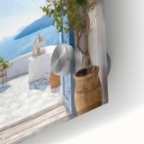 Close-up of a Greek door design in acrylic glass, featuring earthy tones, ideal for dining room art.