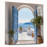 Acrylic print of a large abstract depiction of a Greek door, in subtle earth tones.