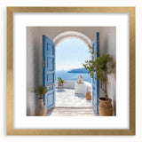 Extra large abstract art print of a Greek door, featuring textured gold and white tones on a framed canvas.