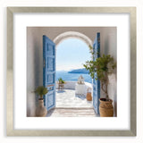Textured art depicting an abstract Greek door design in silver frame, ideal for bedroom ambiance.