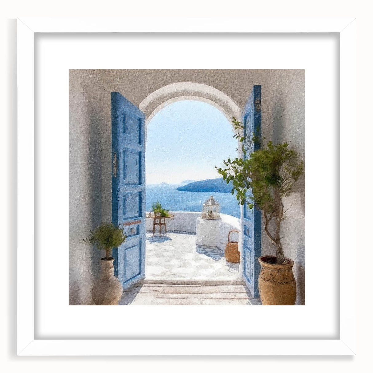 Abstract art print of a Greek-style door in muted earth tones, framed with a white mat, suitable for dining room decor.