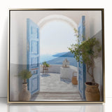 Framed acrylic print of a Greek door design in gold, ideal for modern art wall decor.