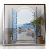 Mid-century modernist art of a Greek architecture door, in muted beige tones, acrylic framed, ideal for nursery wall art.