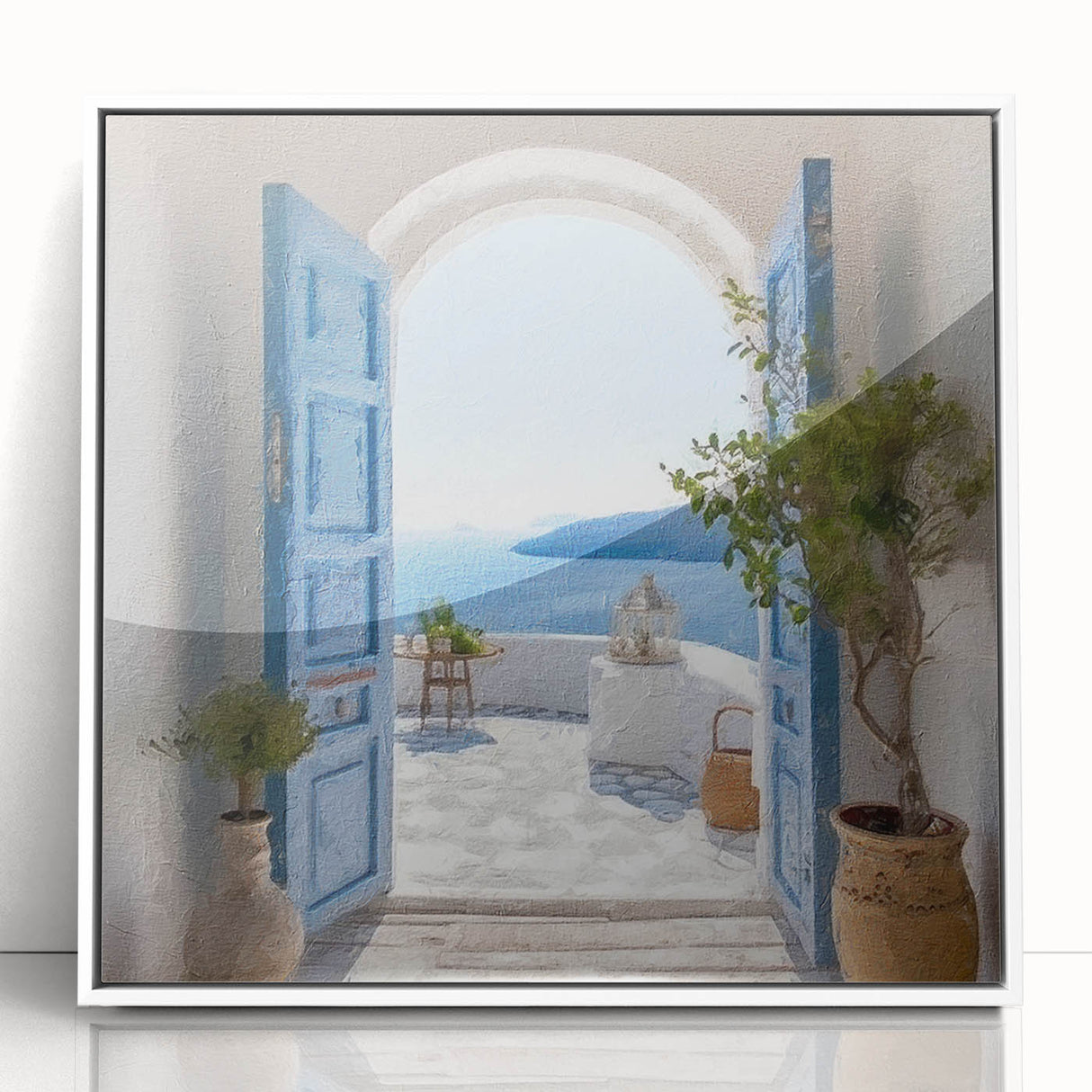 Art deco poster featuring a Greek architecture door design on a white acrylic framed print, ideal for modern art wall decor.