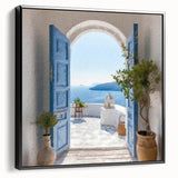 Black and white framed canvas of a vintage Greek door design, ideal for bedroom wall art.