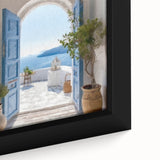 Close-up of a black framed canvas featuring a textured, colorful Greek door design, ideal for living room decor.