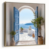Framed canvas of a vintage poster featuring a Greek door in black with silver and gold accents, ideal for bedroom wall decor.