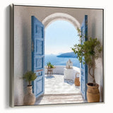 Framed canvas featuring a black and white vintage poster art of a Greek door architecture, ideal for living room decor.