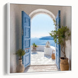 Vintage poster art of a Greek door, framed canvas in white, ideal for living room decor.