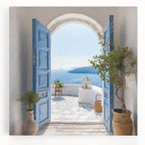 Black and white photo of a Greek door on stretched canvas, suitable for kitchen wall art.