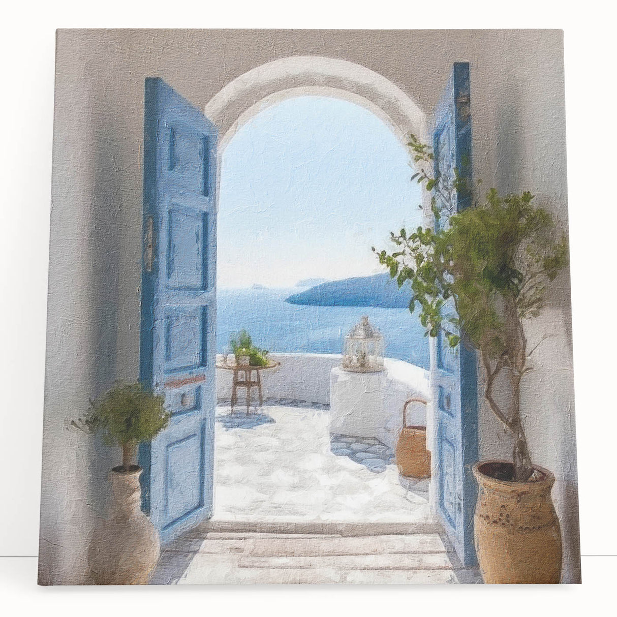 Black and white photo of a Greek-style door on stretched canvas, ideal for kitchen wall art or bedroom decor.