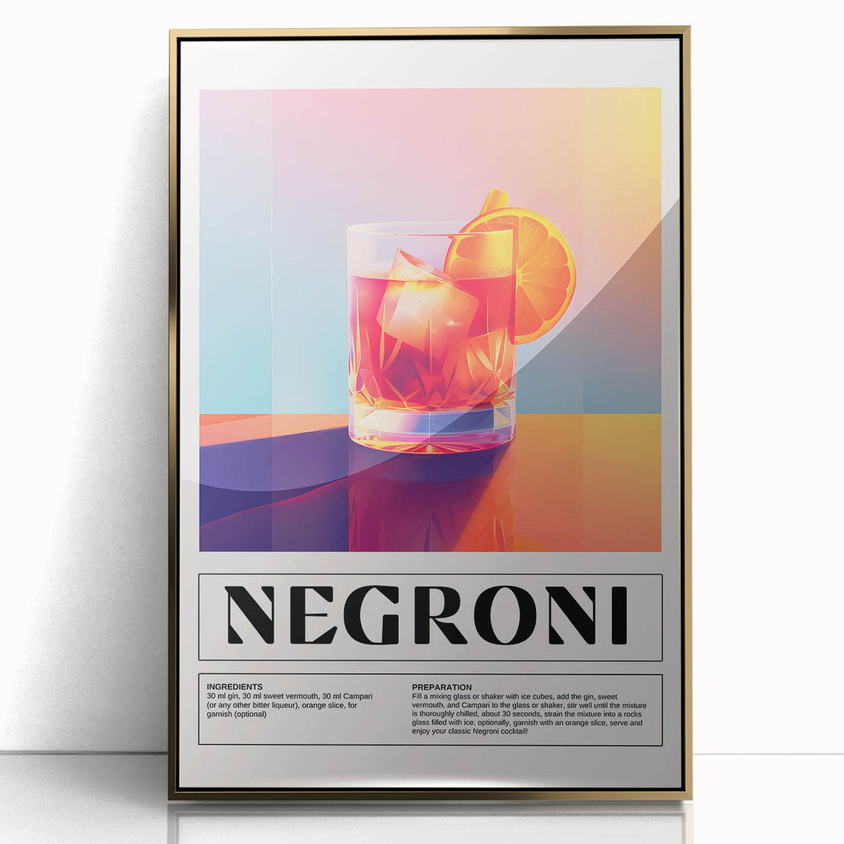 Large art print of colorful fruits and beverages in a mid-century modernist style on a framed acrylic.