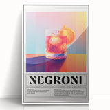 Art deco poster of food and drinks in bold black outlines on a white acrylic framed backdrop.