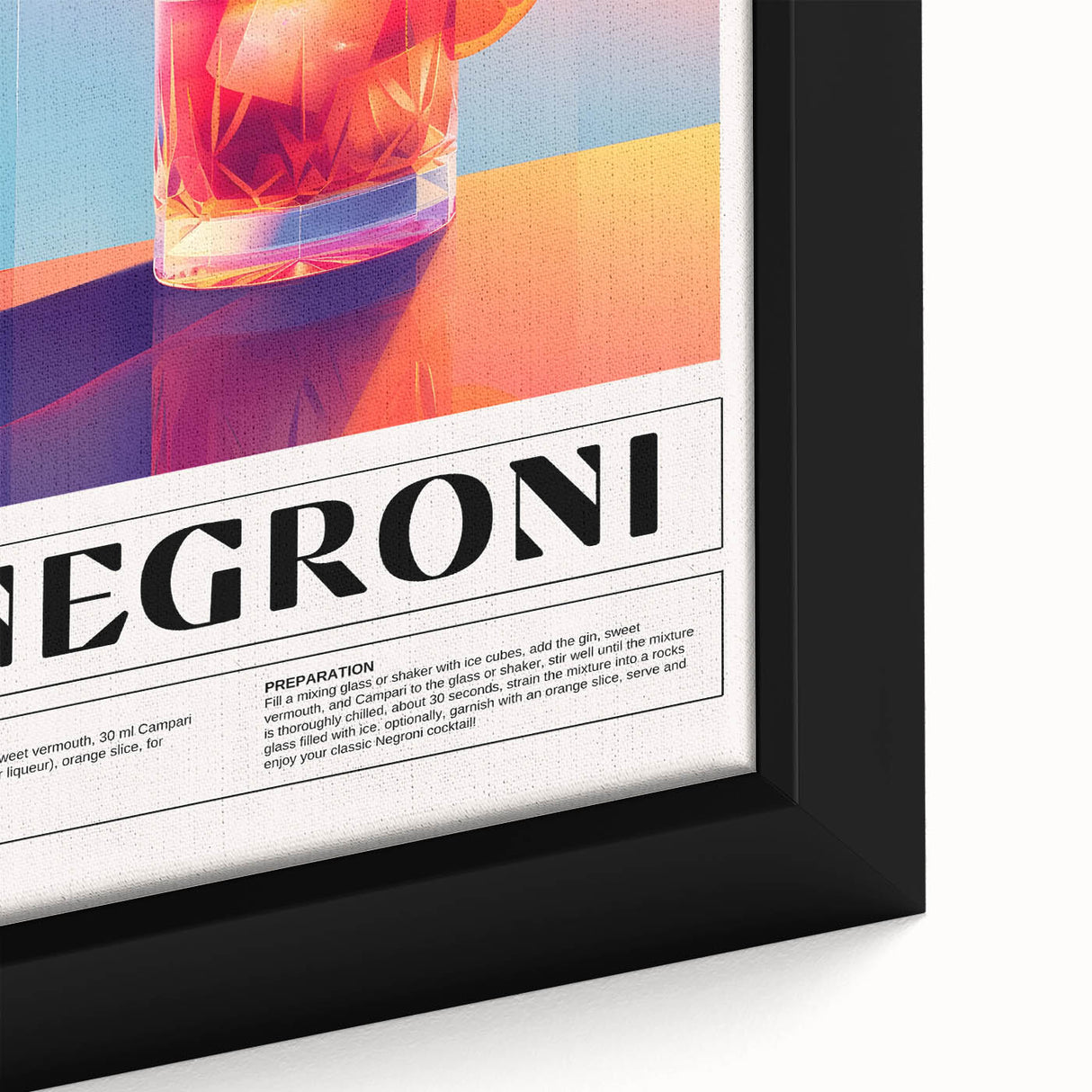 Extra large black wall art featuring a colorful, textured depiction of various foods and drinks on a framed canvas.