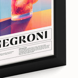 Extra large black wall art featuring a colorful, textured depiction of various foods and drinks on a framed canvas.