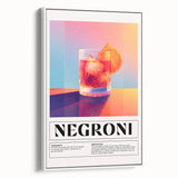 Vintage poster art of colorful food and drinks on a large framed canvas, ideal for living room decor.