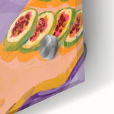 Large abstract wall art featuring assorted fruits in bold colors on acrylic glass, ideal for dining room decor.