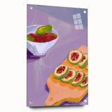 Acrylic print of large abstract fruits in vibrant colors, ideal for dining room art.