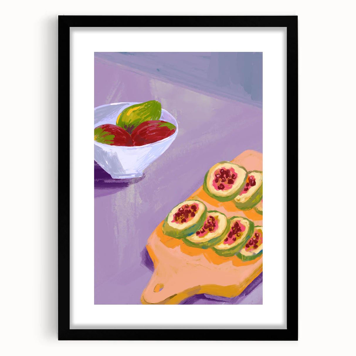 Extra large framed abstract art print of colorful fruits on a textured background, ideal for living room decor.