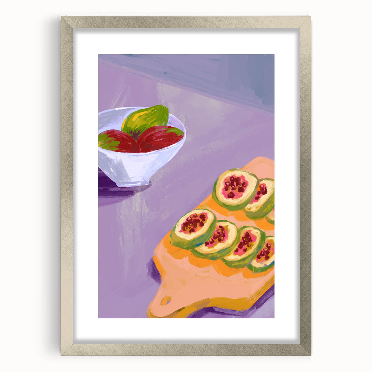 Textured art of abstract fruits in muted earth tones, framed in silver, ideal for kitchen wall decor.