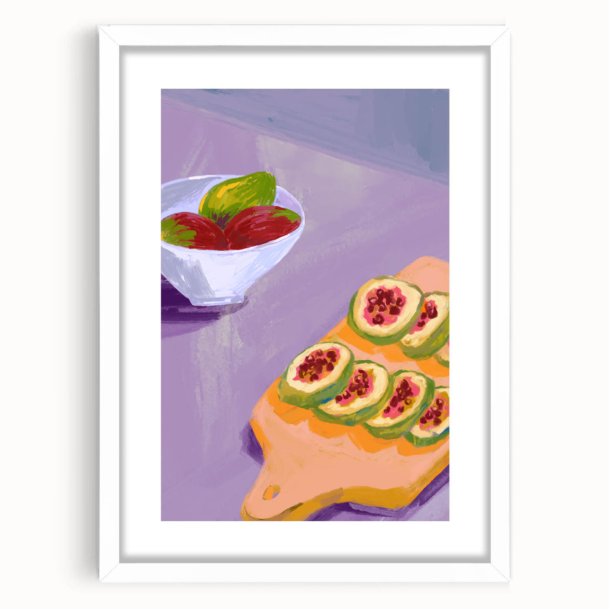 Abstract art print featuring assorted fruits in vibrant colors on a white framed mat, ideal for dining room decor.