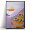Large abstract wall art featuring an assortment of fruits in vibrant colors on a black acrylic framed print.