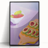 Large abstract wall art featuring an assortment of fruits in vibrant colors on a black acrylic framed print.