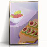 Large art print of assorted fruits in vibrant colors on a gold-framed acrylic, styled in mid-century modernist art.