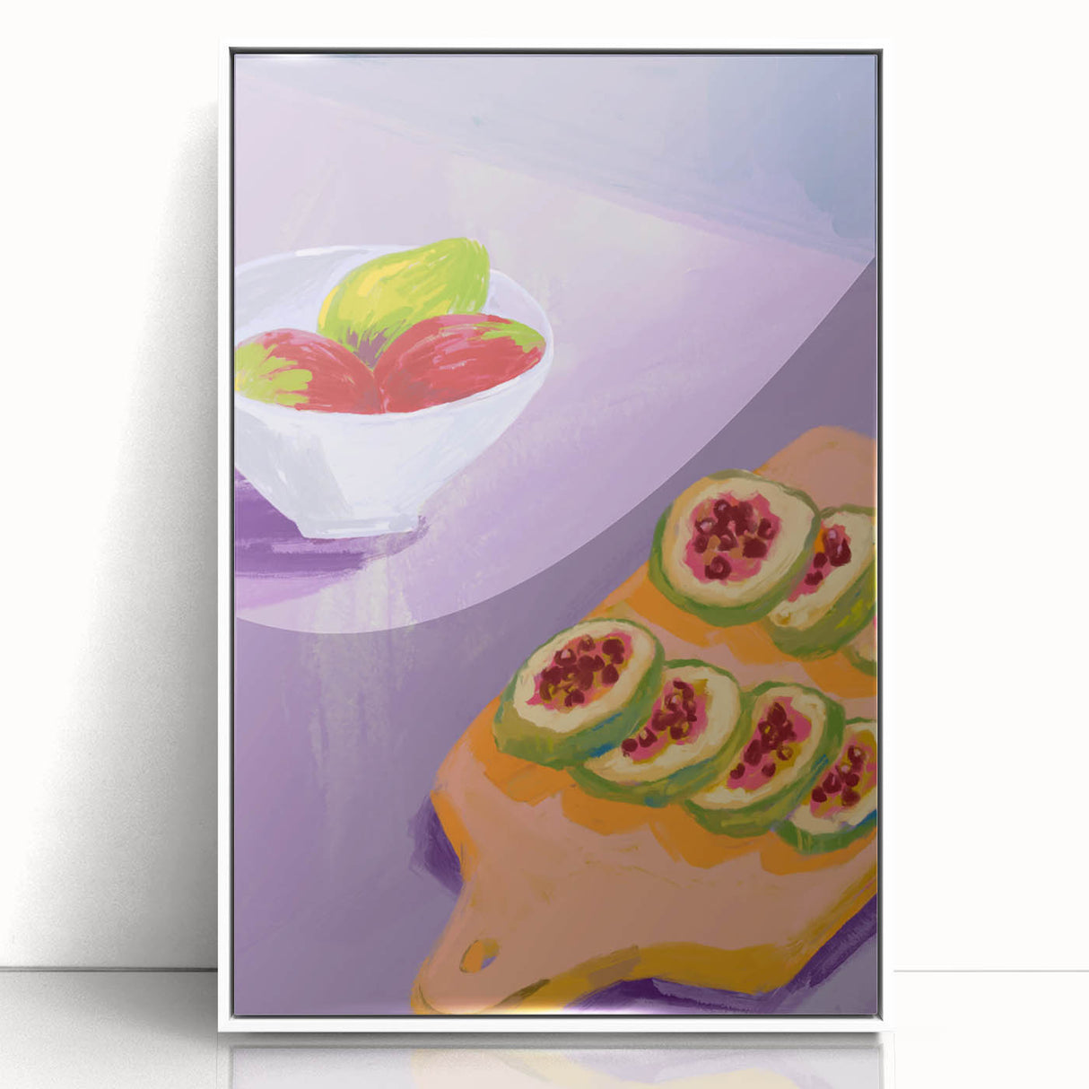 Acrylic framed poster of assorted fruits in art deco style with vibrant color palette, ideal for modern kitchen decor.