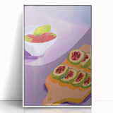 Acrylic framed poster of assorted fruits in art deco style with vibrant color palette, ideal for modern kitchen decor.