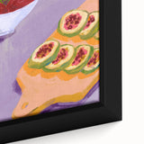 Extra large black wall art on canvas featuring a close-up of colorful, textured fruits, ideal for living room decor.