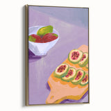 Framed canvas wall art featuring a vintage-style poster of assorted fruits, set against a black background.